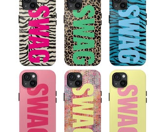 May include: Six phone cases with the word "SWAG" in bold letters. The cases feature various patterns, including zebra stripes, leopard print, and abstract designs. The colors include pink, green, blue, yellow, and a mix of colors.