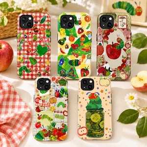 May include: Five smartphone cases featuring The Very Hungry Caterpillar illustrations. Designs include red and white gingham, yellow and green patterns, a large red apple, a grid layout with various food icons, and a caterpillar on a pickle jar.