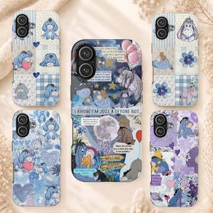 May include: Five phone cases featuring Eeyore from Winnie the Pooh in various blue and purple collage designs. The central case displays Eeyore with balloons, a moon, and text reading I KNOW I'M JUST A EEYORE BUT and other quotes. Each case has a camera cutout.