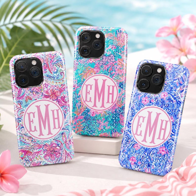 Custom Monogram Phone Case, Preppy Floral Phone Cover, Colorful Tropical Watercolor Case for iPhone 17 16 15 & Samsung, Personalized Gift image 1