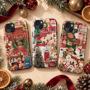 May include: Three smartphone cases featuring festive Christmas collage designs. The left case shows a fireplace scene with Santa, the center case displays a holiday montage with a tree and red truck, and the right case features various seasonal icons.