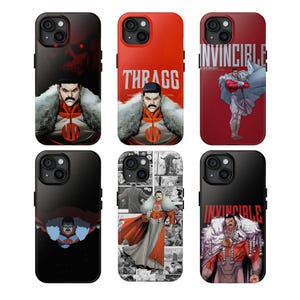 May include: Six phone cases featuring comic book art. The cases display images of a character with a mustache and fur-lined collar, with the words "THRAGG" and "INVINCIBLE" on some cases. The cases are black and red.