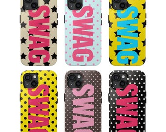 May include: Six phone cases with the word "SWAG" in pink, each with a different background pattern. The patterns include black stars on beige, blue polka dots, yellow stars, yellow polka dots, brown polka dots, and white polka dots.