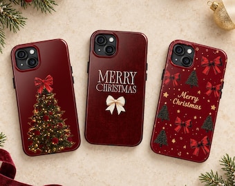 Elegant Burgundy Christmas Phone Case, Festive Holiday Designs iPhone Cover, Merry Christmas Phone Case,  Aesthetic Red Christmas Tree Case