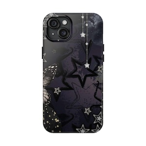 May include: A dark purple and black smartphone case featuring a pattern of various sized stars, a butterfly wing on the left side, and thin vertical lines with hanging star charms. The design includes a mix of solid and outlined star shapes.