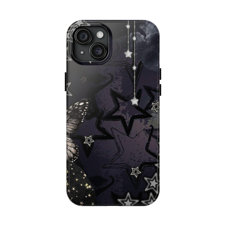 May include: A dark purple and black smartphone case featuring a pattern of various sized stars, a butterfly wing on the left side, and thin vertical lines with hanging star charms. The design includes a mix of solid and outlined star shapes.