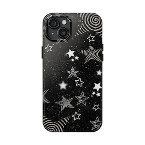 May include: A black smartphone case featuring a white celestial pattern of various stars, including some with spiral and striped designs, set against a dark background with a subtle speckled texture and a dual-lens camera cutout at the top.