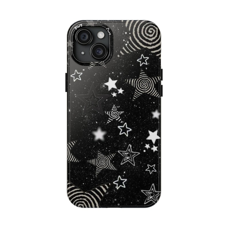 May include: A black smartphone case featuring a white celestial pattern of various stars, including some with spiral and striped designs, set against a dark background with a subtle speckled texture and a dual-lens camera cutout at the top.