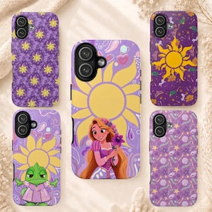 May include: Five smartphone cases featuring purple and yellow designs. One case shows a character with long hair and a flower, another a green chameleon, and others display patterns of suns, stars, and shells. All cases have a dual camera cutout.