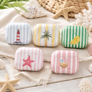 May include: Five rectangular earbud cases featuring vertical stripes in various pastel colors. The cases display illustrations of a lighthouse, a palm tree, a lemon slice, a starfish, and a coconut drink with a small umbrella on their front surfaces.
