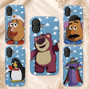 Toy Story Characters Retro Cloud Phone Case, Cute Lotso Wheezy Zurg Mr Potato Head Disney Tough Cover for iPhone 17 16 15 Pro Max & Samsung