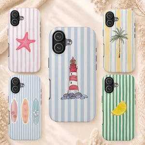 May include: Five smartphone cases featuring vertical stripes and coastal illustrations. Designs include a pink starfish, a red and white lighthouse, a palm tree, three surfboards, and a yellow lemon slice, all with dual camera cutouts.