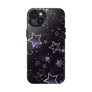 May include: A black smartphone case featuring a pattern of various sized stars in shades of purple, white, and silver. The design includes both solid purple stars and outlined star shapes with striped textures against a dark background.
