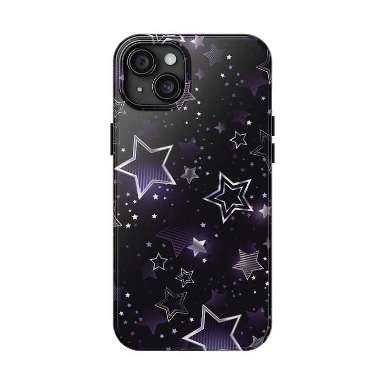 May include: A black smartphone case featuring a pattern of various sized stars in shades of purple, white, and silver. The design includes both solid purple stars and outlined star shapes with striped textures against a dark background.