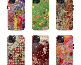May include: Six smartphone cases featuring various artistic designs with ladybugs, flowers, dragonflies, and abstract patterns in vibrant colors including red, green, purple, and orange, each with a camera cutout in the upper left corner.