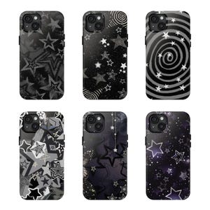 May include: Six smartphone cases featuring various black, white, and grey designs. Patterns include layered stars, swirling spirals, celestial motifs, and a butterfly silhouette, all arranged in a grid format with cutouts for camera lenses.