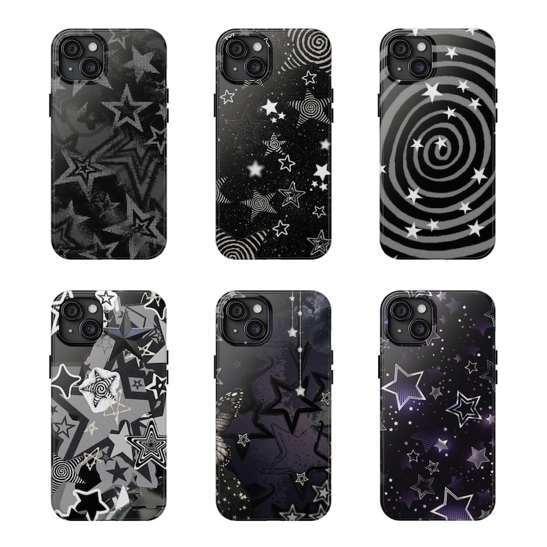 May include: Six smartphone cases featuring various black, white, and grey designs. Patterns include layered stars, swirling spirals, celestial motifs, and a butterfly silhouette, all arranged in a grid format with cutouts for camera lenses.