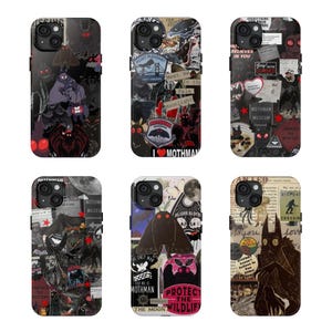 May include: Six smartphone cases featuring various graphic designs centered on the Mothman legend. The cases display collages of dark, moody illustrations, vintage newspaper clippings, red glowing eyes, and text including Mothman Museum.