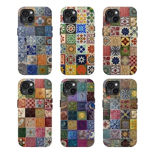 May include: Six phone cases with colorful, patterned designs resembling vintage tiles. Each case features a different arrangement of squares with floral, geometric, and celestial motifs in various colors, including blue, red, and yellow.