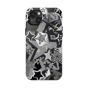 May include: A smartphone case featuring a monochromatic collage of various star shapes in shades of black, white, and grey. The design includes stars with solid fills, outlined borders, and intricate spiral patterns layered across the entire surface.