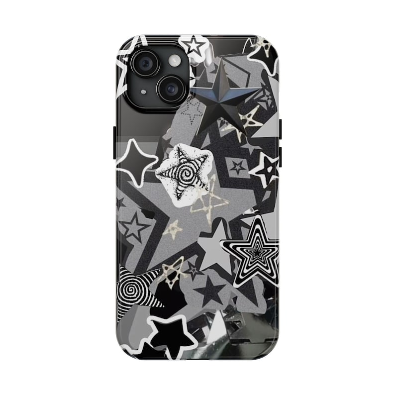 May include: A smartphone case featuring a monochromatic collage of various star shapes in shades of black, white, and grey. The design includes stars with solid fills, outlined borders, and intricate spiral patterns layered across the entire surface.
