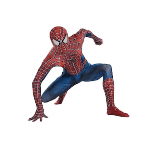 May include: A red and blue Spider-Man costume. The costume features a red spiderweb pattern on the upper body and legs, with blue sections on the torso and arms. The figure is in a crouching pose, with one arm extended.