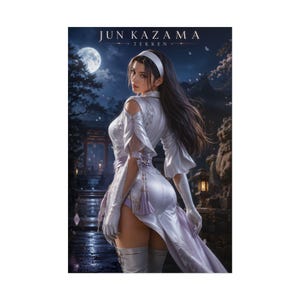 May include: A digital art print featuring Jun Kazama from Tekken. The character has long dark hair, a white headband, and wears a white satin-like outfit with cut-out shoulders, gloves, and thigh-high boots. The text JUN KAZAMA TEKKEN is at the top.