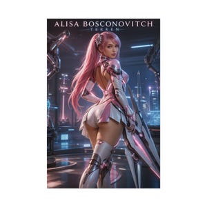 May include: A digital art print featuring Alisa Bosconovitch from Tekken. The character has long pink hair, wears a white and pink futuristic armoured outfit with a skirt, and holds a large, sharp, metallic blade with glowing pink accents.