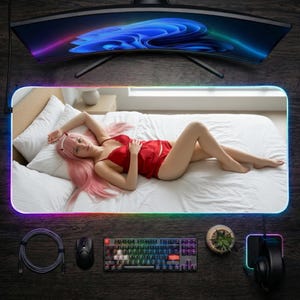 Może przedstawiać: Zestaw do gier z zakrzywionym monitorem, dużą podkładką pod mysz z kobietą w czerwonej bieliźnie, klawiaturą z kolorowymi klawiszami, myszą i zestawem słuchawkowym. Podkładka pod mysz ma świecącą obwódkę. Widoczna jest również roślina w doniczce.