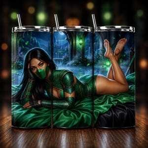 May include: A cylindrical stainless steel tumbler featuring a wrap-around graphic of a person with long black hair wearing a green mask and matching green armor, lying on green fabric. The background depicts a moonlit stone archway and greenery.