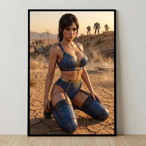 Puede incluir: Impresión enmarcada que presenta a una mujer con un atuendo azul y dorado, arrodillada sobre tierra agrietada. La obra de arte tiene un tema post-apocalíptico, con figuras y estructuras en el fondo. El atuendo de la mujer tiene el texto "V01".