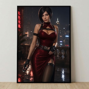 May include: A digital art print featuring a person with short dark hair wearing a sleeveless, form-fitting, metallic dark red dress with a high slit, black leather harness, belt, and fingerless gloves, standing against a rainy city skyline.