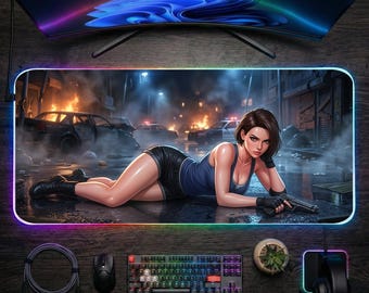 Jill Valentine Desk Mat LED RGB, Resident Evil Mouse Pad, Gaming Desk Setup, Large Mousepad, Gamer Gift