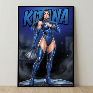 May include: A framed print depicting a female character in a blue bodysuit with black detailing, gloves, and boots. The character holds silver fans and stands before a blue backdrop with the name "Kitana" in large, stylized letters.