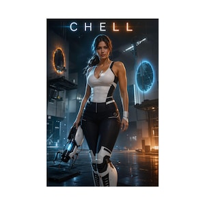 May include: A digital illustration featuring a character named CHELL wearing a white and black athletic bodysuit with matching leg armor. The character holds a white and black portal gun. In the background, glowing orange and blue circular portals are visible within a dark, industrial-style laboratory setting.
