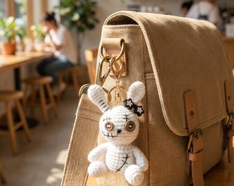 Crochet Bunny Bag Charm White Plush Rabbit Keychain with Stitch Detail