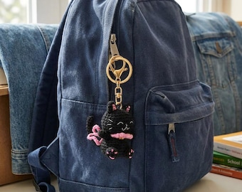 Black Cat Bag Charm Keychain, Pink Scarf Zipper Pull Pendant Accessory