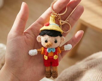 Pinocchio Doll Keychain Crochet Character Bag Charm Yellow Hat Red Outfit
