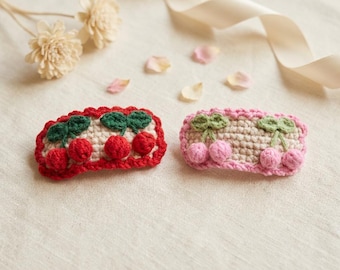 Crochet Cherry Hair Clip, Red Fruit Barrette with Green Leaf Design