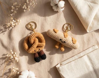 Crochet Bread Keychain, Beige Food Bag Charm with Brown Legs, Zipper Accessory