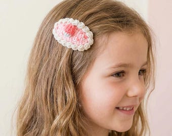 Crochet Flower Hair Clip Pink White Floral Barrette for Girls