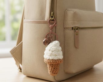 Crochet Ice Cream Cone Keychain with Bell, Backpack Charm Accessory