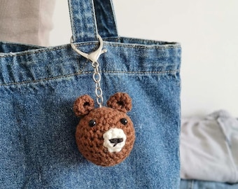 Crochet Bear Bag Charm Keychain, Brown Animal Purse Charm With Silver Clip