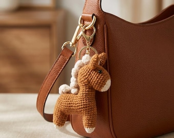 Crochet Horse Bag Charm Keychain, Brown Pony Pendant With Ring Clip