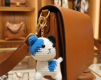 Crochet Cat Bag Charm Blue White Kitty Purse Keychain Accessory