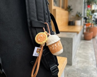Crochet Coffee Cup Bag Charm with Orange Slice Keychain, Backpack Zipper Accessory