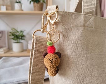 Crochet Bear Keychain, Brown Animal Bag Charm with Red Fruit Accent