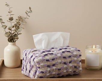 Handwoven Purple Neutral Tissue Box Cover, Boho Basket-Weave Kleenex Holder