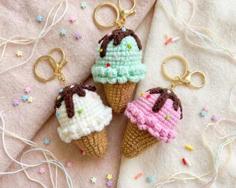 Crocheted Ice Cream Cone Keychain: Mint Green, Chocolate Drizzle, Sprinkles Bag Charm