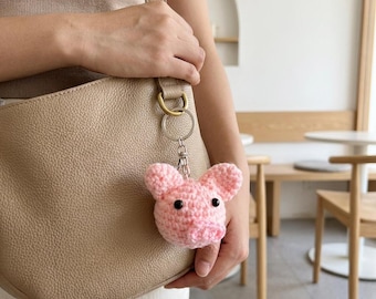 Crochet Pig Keychain Pink Animal Bag Charm Silver Key Ring